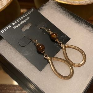 Brushed Gold Textured Tiger Eye Drop Hoop Earrings